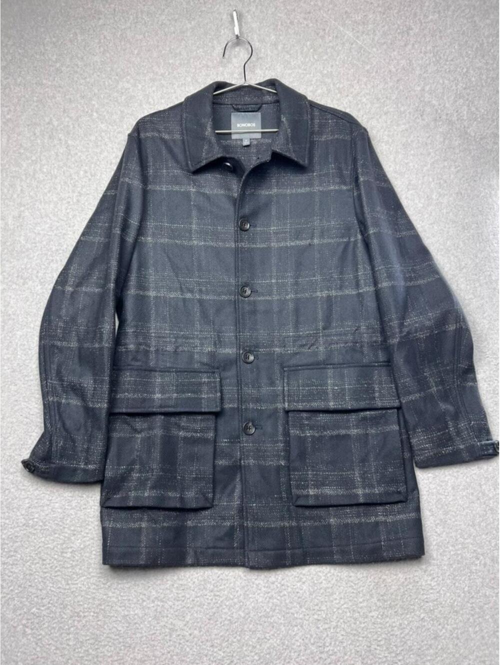 Bonobos Italian Wool Car Coat Men M Blue Grey Plaid Slim Fit Button Front Jacket